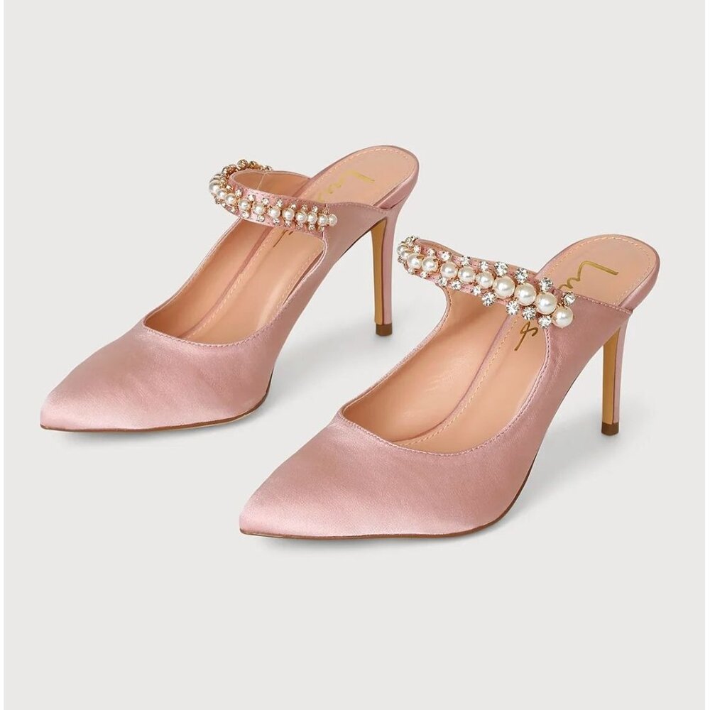 NEW Lulus Size 5.5 Sephoraa Rose Gold Satin Pearl Pointed Toe Mule Pumps Heels